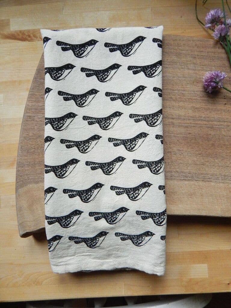 Birds Kitchen Towel, Tea Towel - Black on Natural
