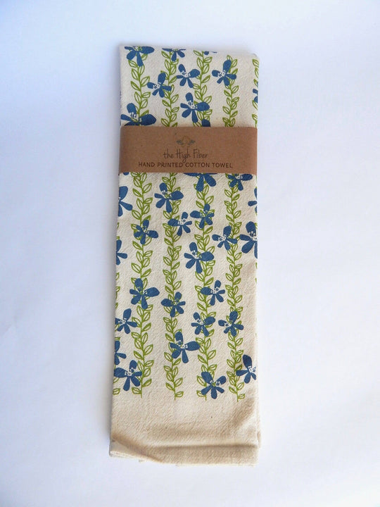Floral Vine Kitchen Towel, Tea Towel - Dusty Blue & Green Vines