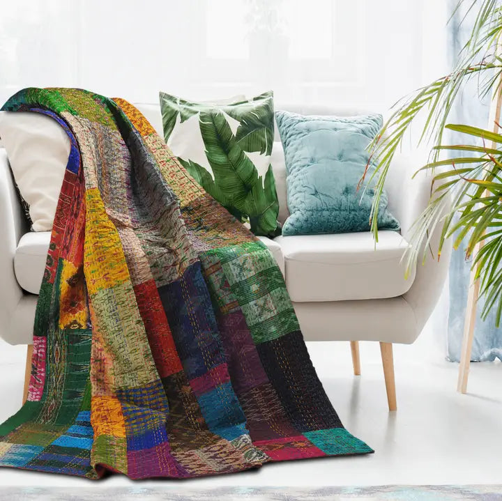 Kantha Silk Throw Blanket - Multi Color