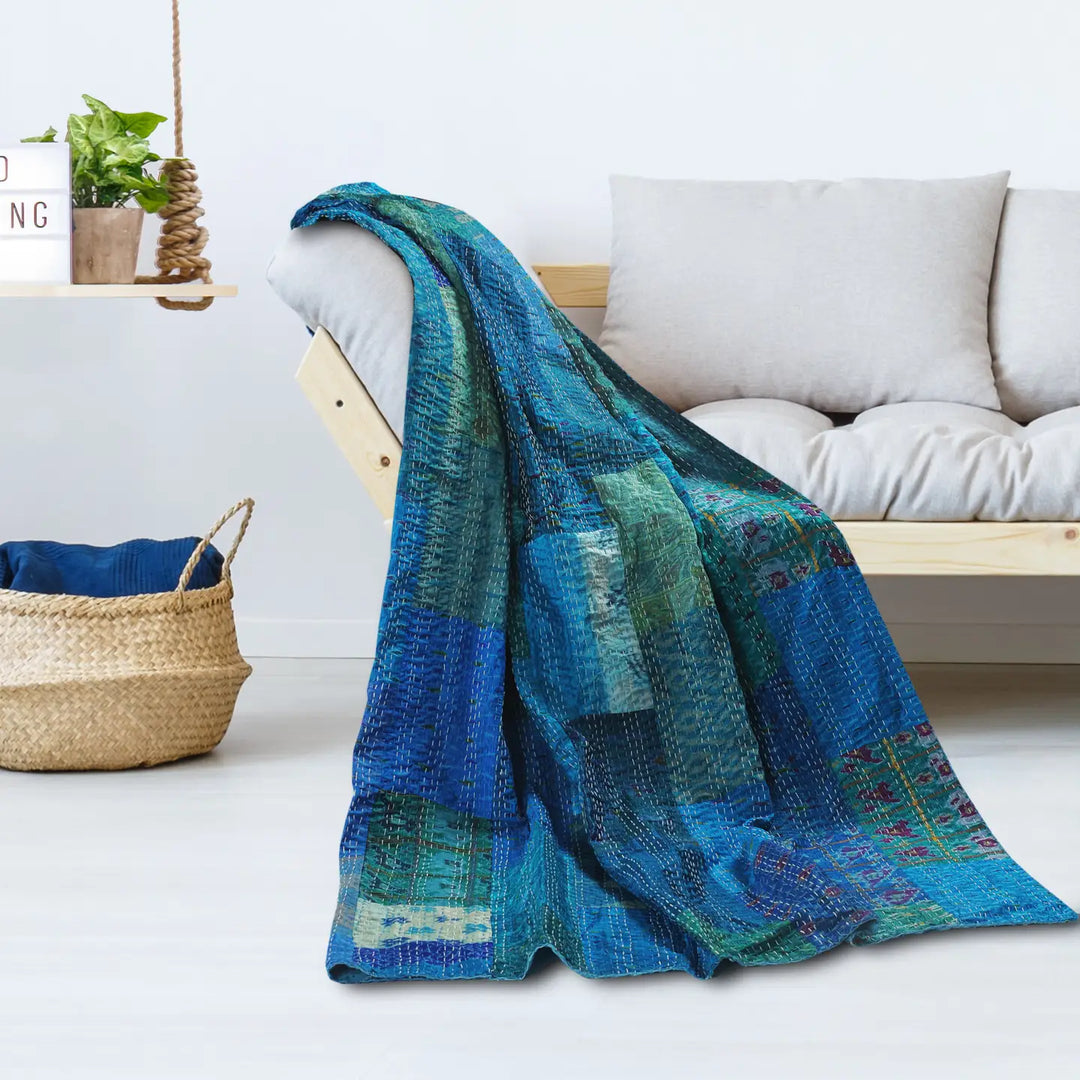 Kantha Silk Throw Blanket - Blue