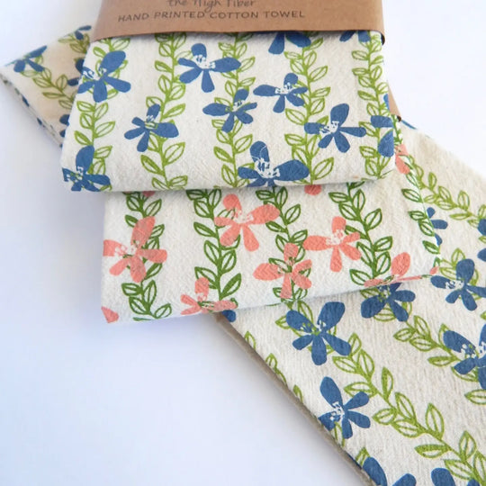 Floral Vine Tea Towel - Pink with Green Vines