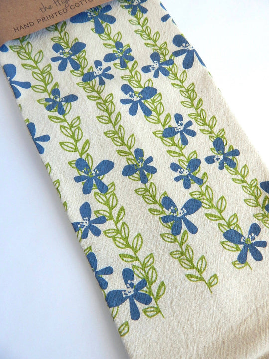 Floral Vine Kitchen Towel, Tea Towel - Dusty Blue & Green Vines