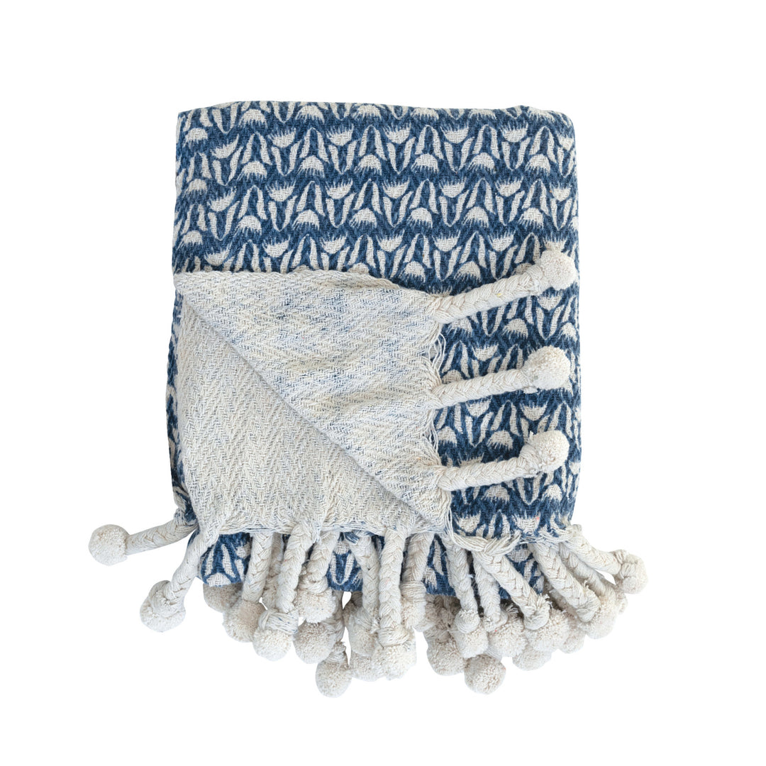 Blue Norway Throw with Braided Pom Poms