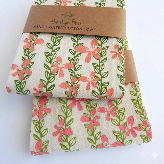 Floral Vine Tea Towel - Pink with Green Vines