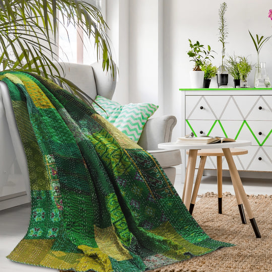 Kantha Silk Throw Blanket - Green