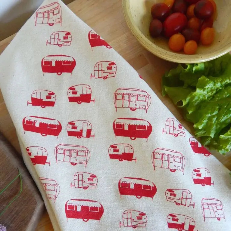 Vintage Campers Tea Towel - Red